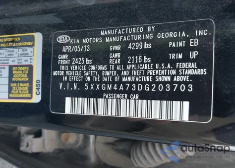 2013 Kia Optima Lx from USA, damaged, VIN 5XXGM4A73DG203703